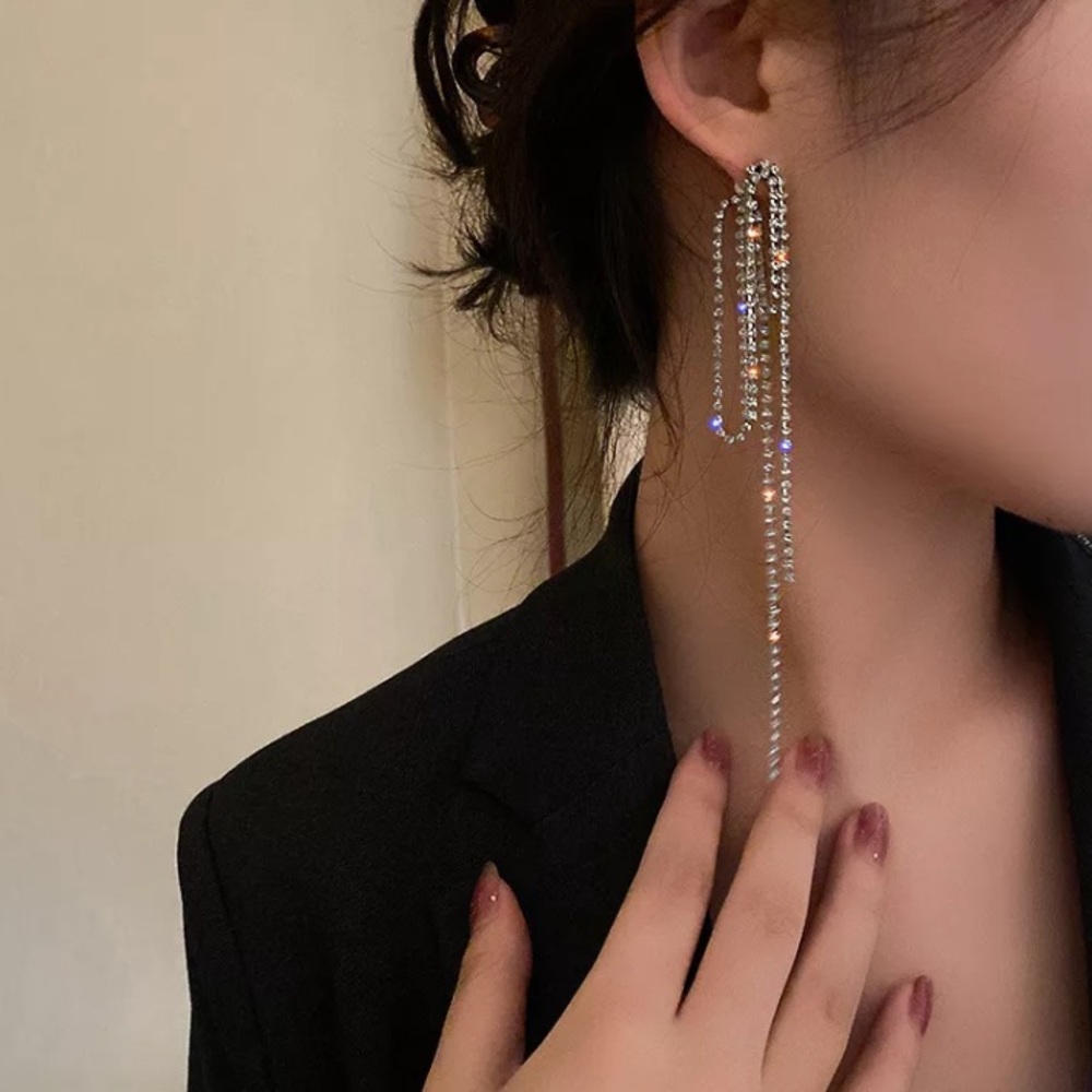 Silver Rhinestone Knot Long Earrings - Picture 5 of 7